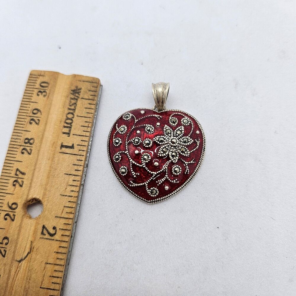 Sterling Silver Enamel Red Heart Pendant with Marcasite Flower Detail 925